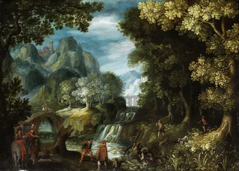 Tree Landscape with Cascades and Hunting Party